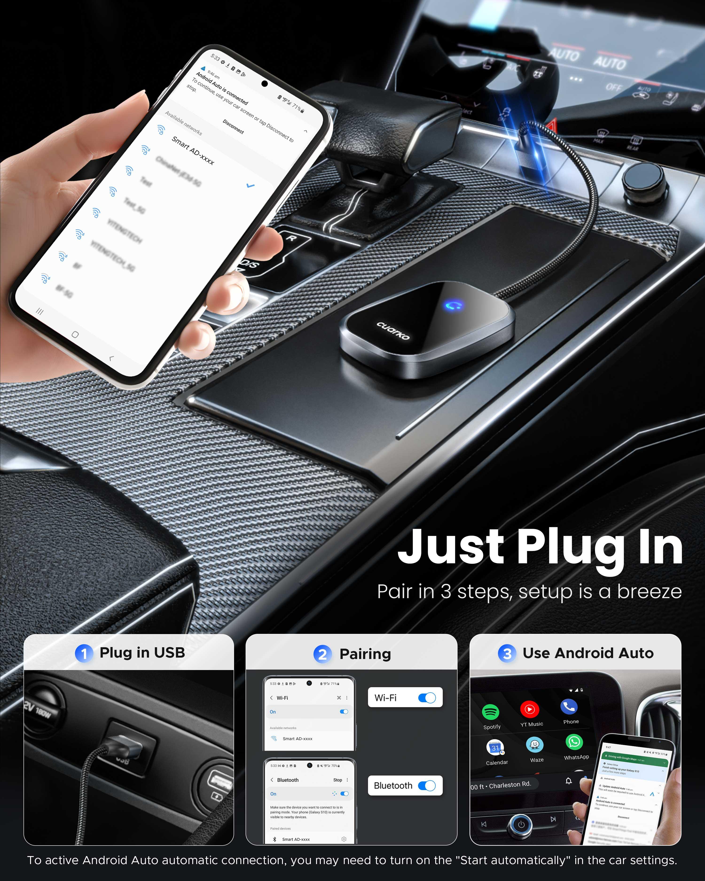 Wired to Wireless Android Auto Adapter 0.38ft Black | White