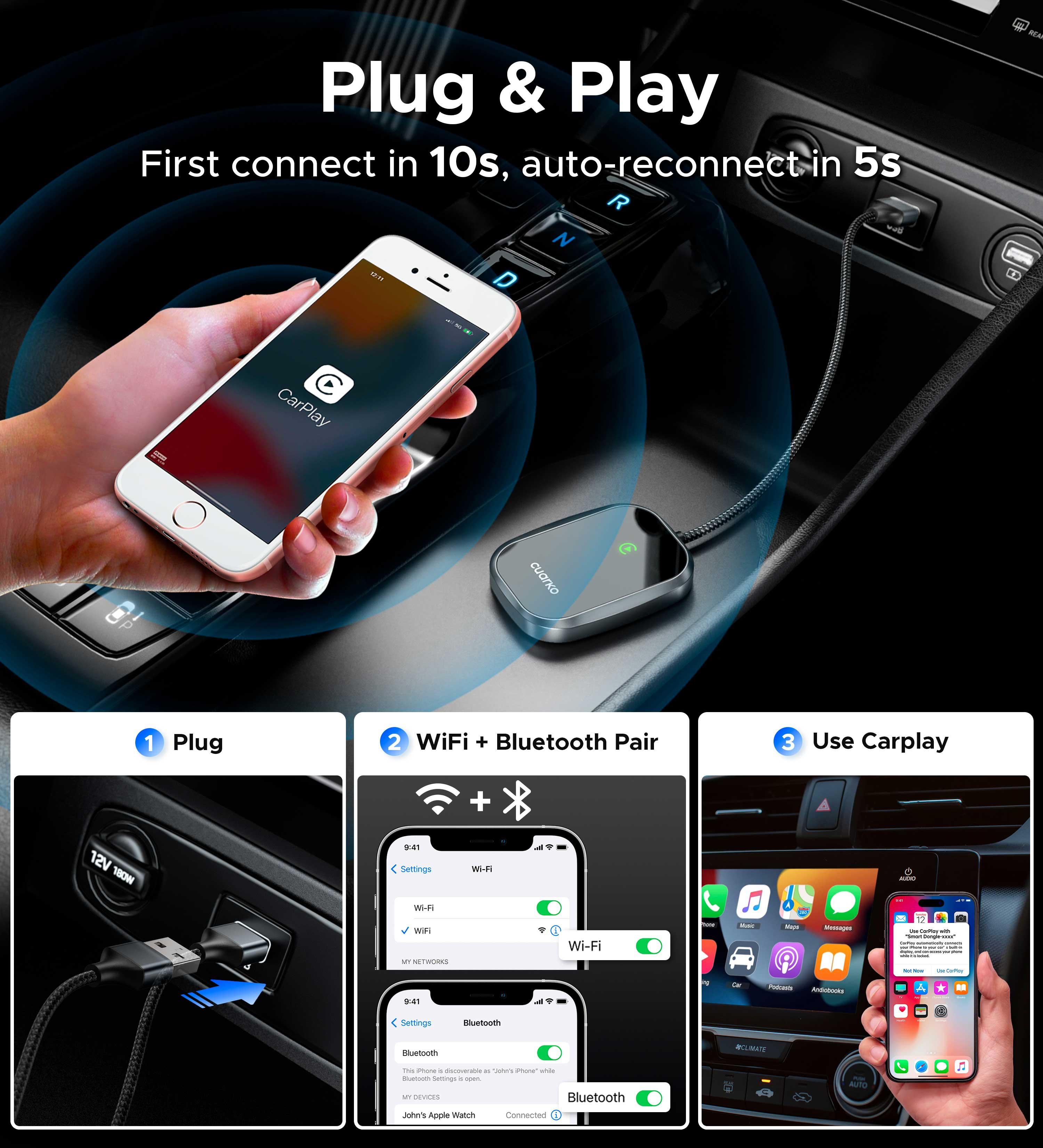 Wired to Wireless CarPlay Adapter 0.38ft Black | White